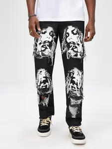 Retro frayed patchwork streetwear denim trousers, hip-hop frayed appliqué loose black jeans - must-have for hip-hop guys. Portrait appliqué loose wide-leg denim pants #BaggyJeans #StreetwearMen