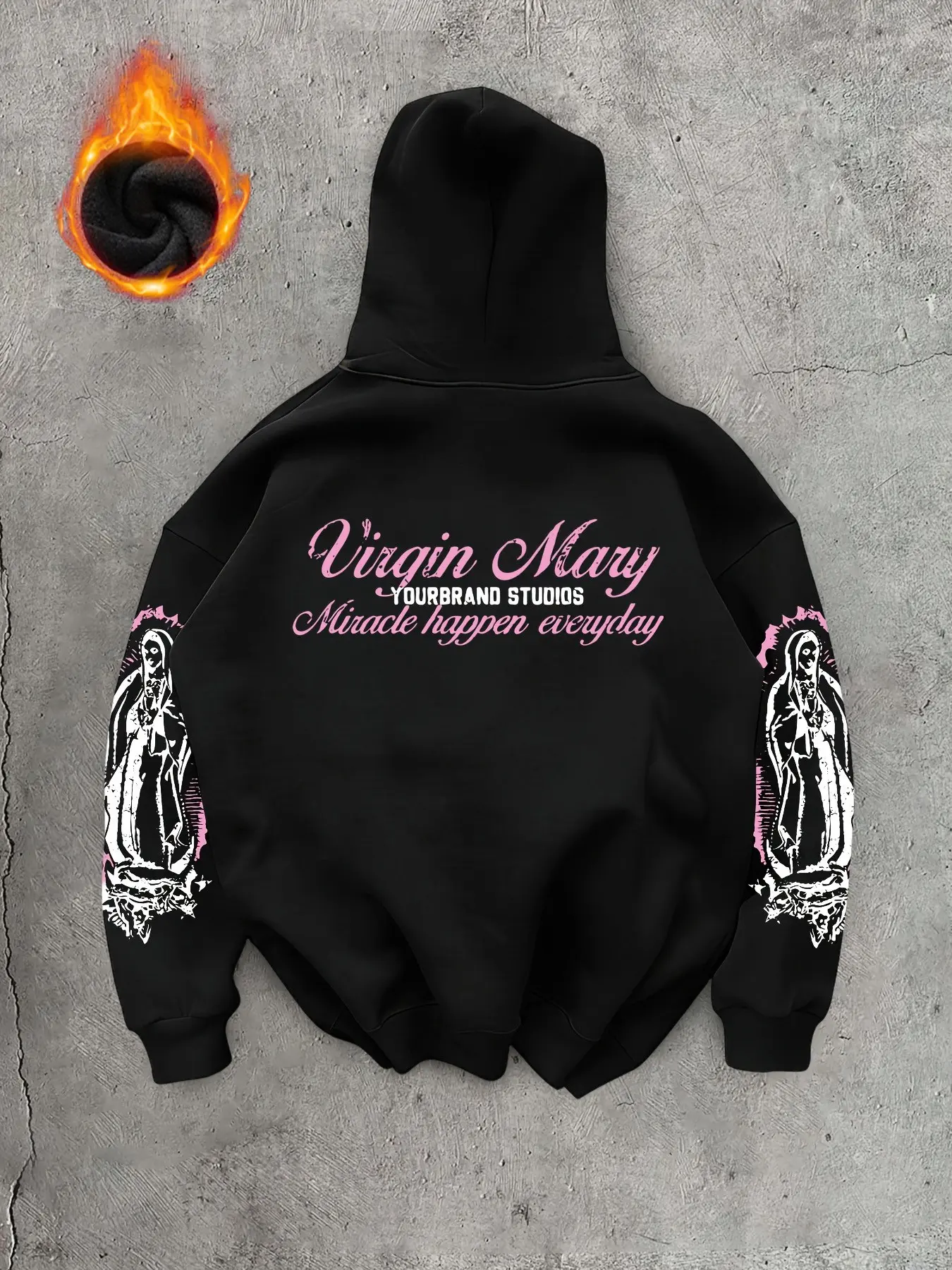 Unisex Winter Fleece Lined Hoodie, Pink Virgin Mary Printed Long Sleeve Oversized Sweatshirt, Gothic Y2K Streetwear for Daily Street Style & Party Outfits