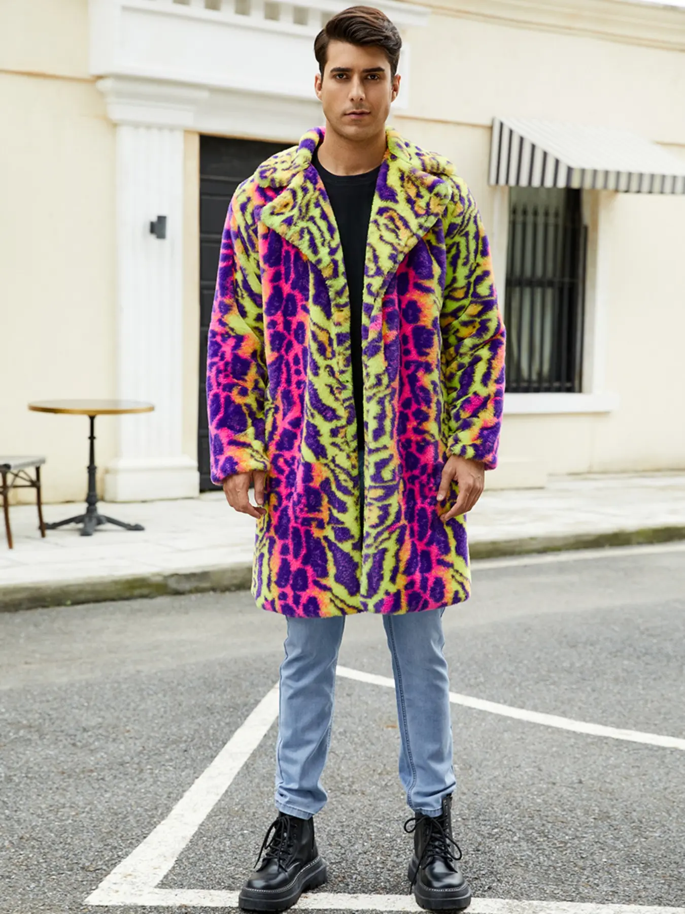 Men's Leopard Print Plaid Coat, Warm Fleece Jacket for Autumn Winter, Stylish Outerwear for Men, Trendy Fashionable Design