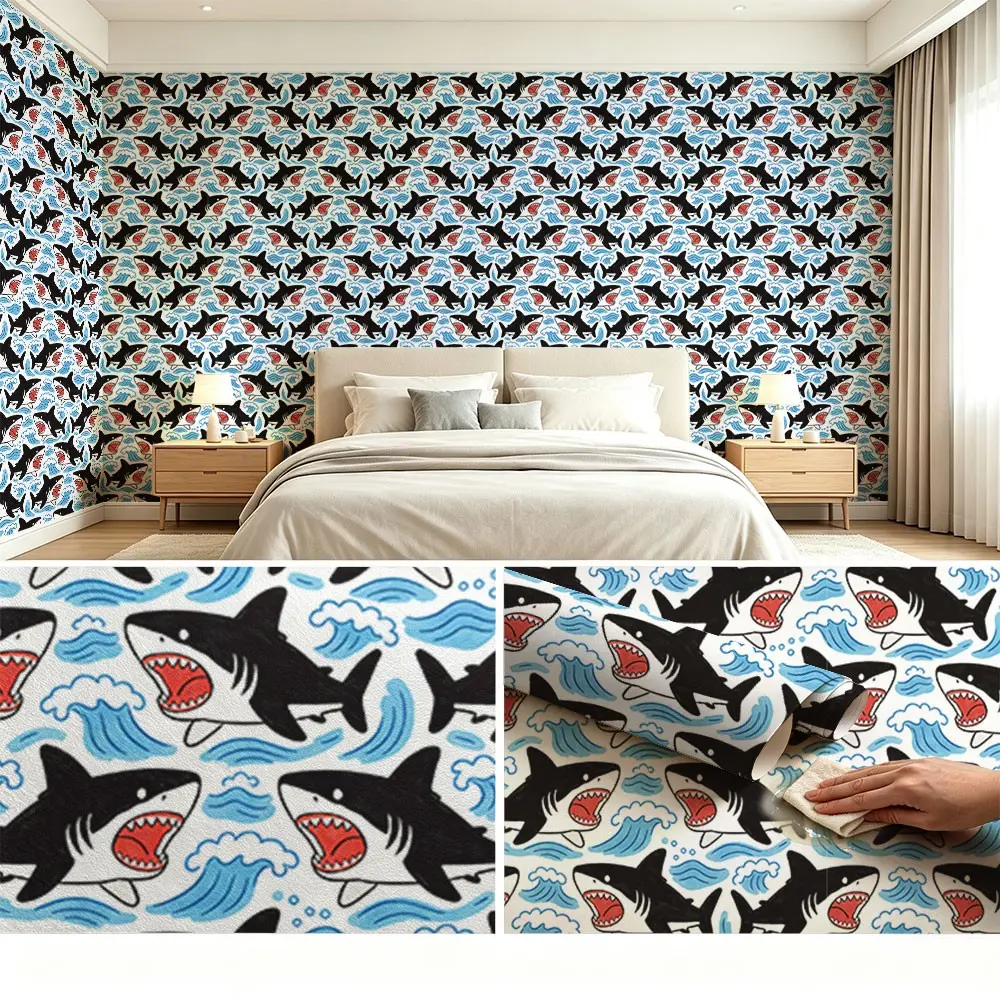 Hand Drawn Graffiti Style Shark Wall Paper, PVC Mould-Proof Repeat Wallpaper, Easy Peel & Stick, Kitchen/living Room Decor