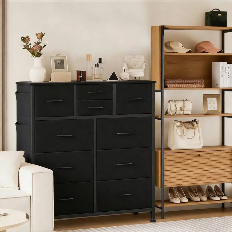 10 Drawer Dresser,Storage Organizer, Dresser Tower With Side Bags, Suitable Home And Office Use