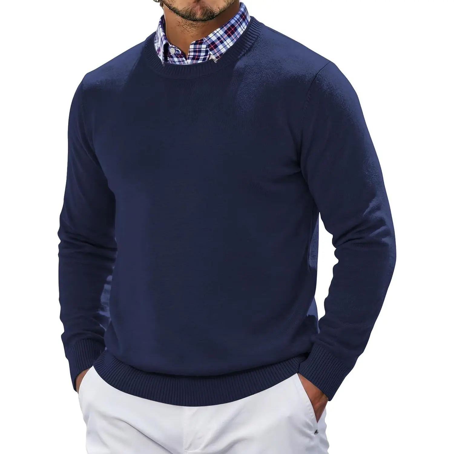 Mens Crewneck Sweater Pullover Knit Sweater Lightweight Sweaters with Ribbing Edge