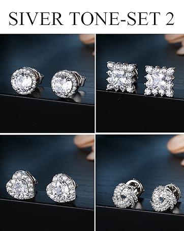 4 Pairs Trendy Sterling Silver CZ Stud Earrings for Women 14K Gold Plated Brilliant Celtic Heart Big Stud Earrings Set Cubic Zirconia Earrings Studs for Sensitive Ear