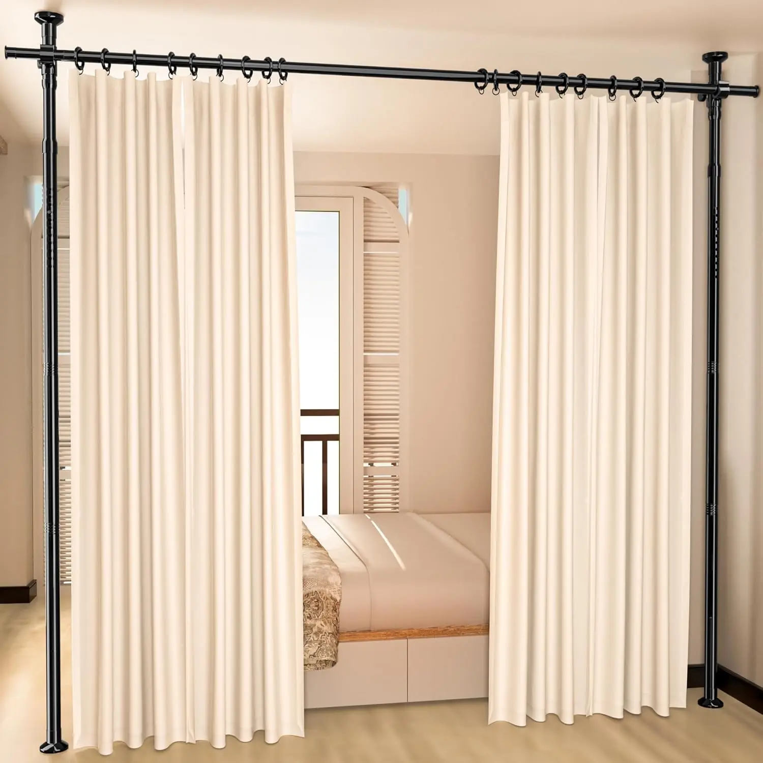 Room Divider, Tension Curtain Rod No Drilling, 4-10ft(H) 28-70inch(W) Wall Divider for Room Separation, Heavy Duty Adjustable Folding Privacy Screens, Black