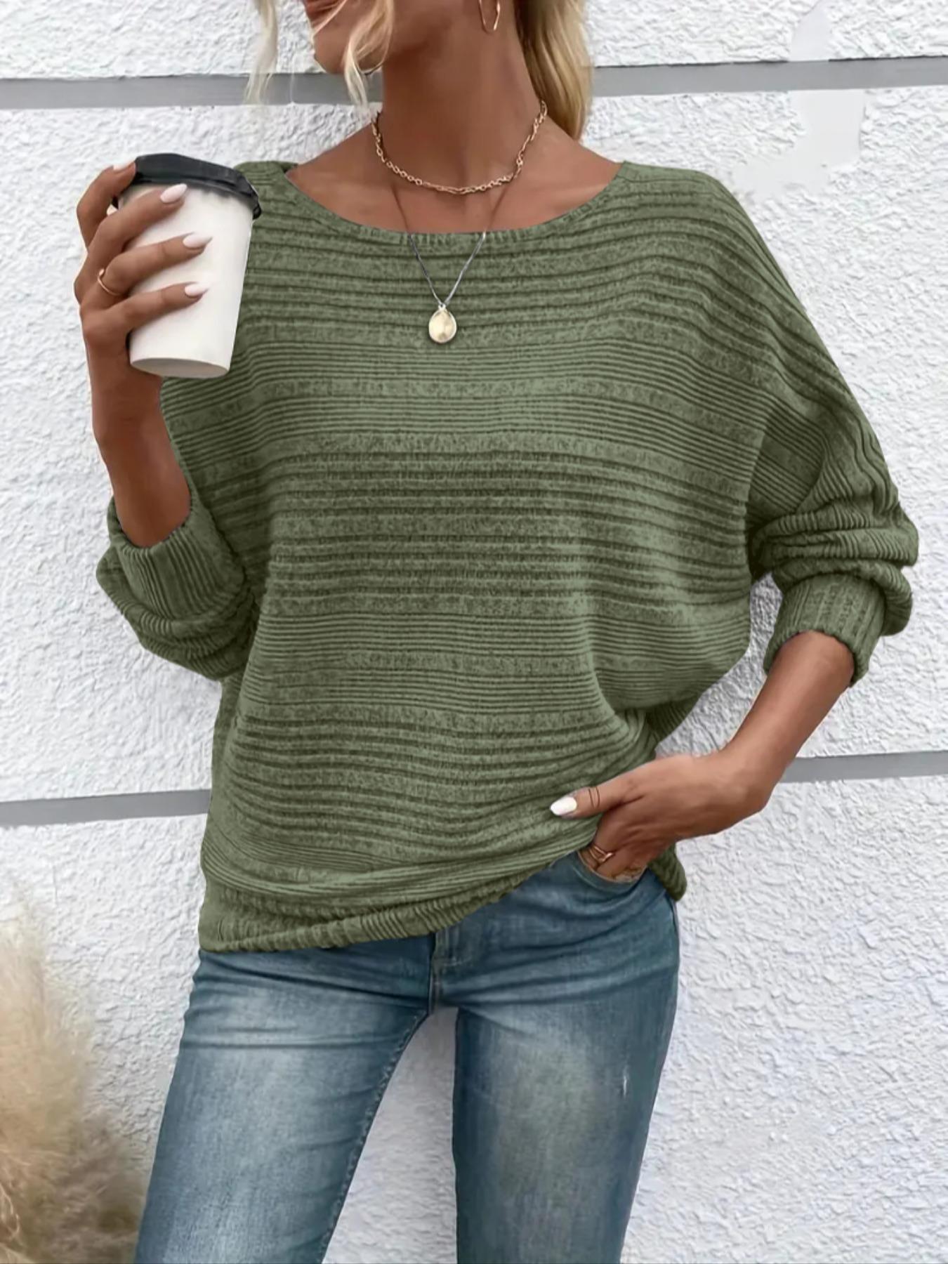 Women's Plain Batwing-Sleeve Tee, Casual Long-Sleeve Crew Neck T-Shirt for Fall & Winter, Fashion Ladies' Clothing for Daily Wear