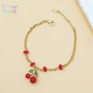 Cute Fruit Charm Bracelet Set, 2Pcs Epoxy Cherry Dainty Bracelets for Women, Niche Trendy Designer Jewelry, Lovely Stackable Daily Accessory for Casual Outfit, Summer Matching & Sweet Birthday Holiday Gift
