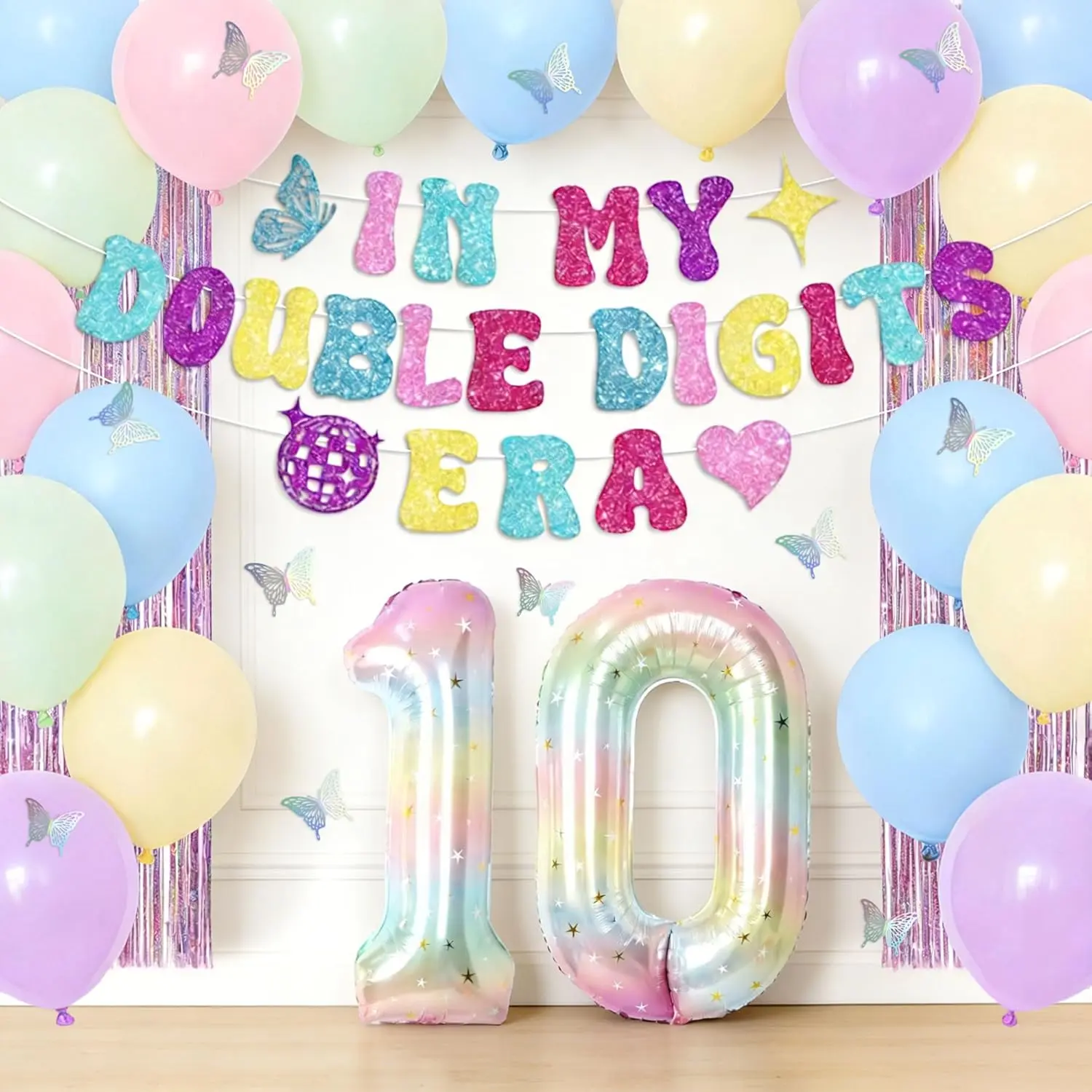 Girls' Happy 10th Birthday Party Supplies Kit - Colorful Glitter Large "In My Double Digits Era" Banner, 30in Balloons, Backdrop, Photo-Ready Photo Set, 3x Star Wreath, Letter Balloons, Easy-Install Child Decor & Home Gifts