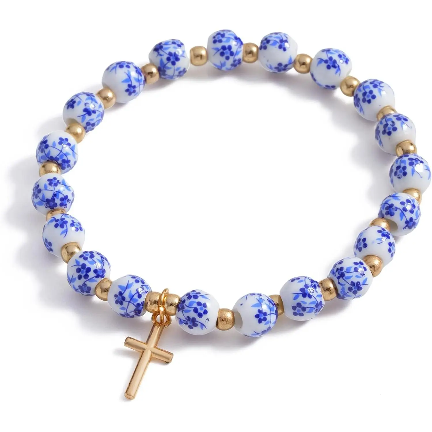 Blue & White Porcelain Ceramic Beaded Bracelet for Women, 7.5" Stretch Elastic Bracelet,  Round Beads, Artistic