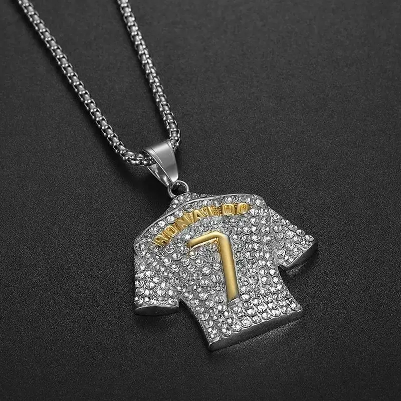 Diamond-Encrusted Cristiano Ronaldo 7 Jersey Pendant Alloy Cuban Chain Necklace Hip Hop Style Set for Daily Wear Unisex