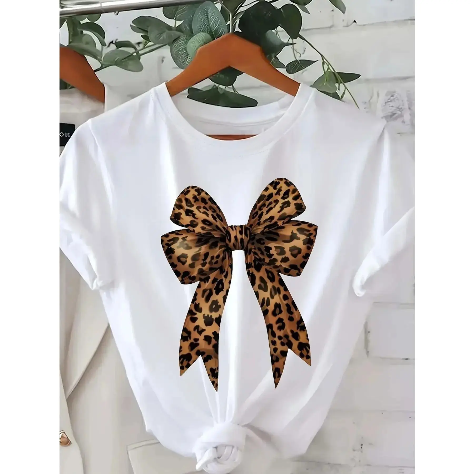Women's Casual T-Shirt with Leopard Print Bow Graphic, Soft  Cotton Short Sleeve Crewneck for Summer, Shortsleeve, T Shirts For Women, Knit, T-Shirt TopRHW