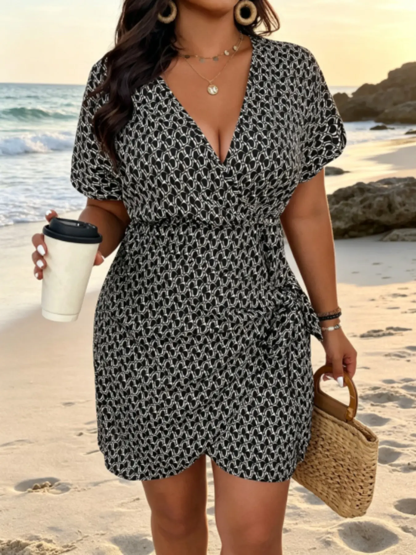 Plus Size V Neck Floral Print Wrap Dress, Casual Vacation Style, Short Sleeve Waist Cinch Asymmetrical Skirt, Slimming Chic Beach Wear for Plus Women