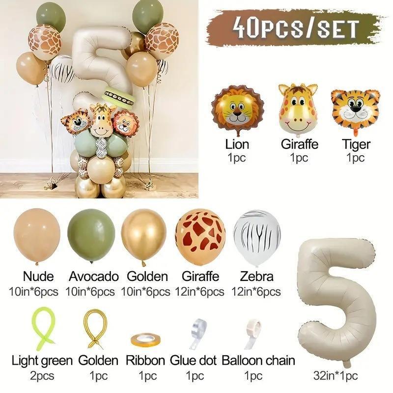40 pieces new jungle retro animal balloons for kids birthday number 12345  party decoration set with digital columns Tiger Lion