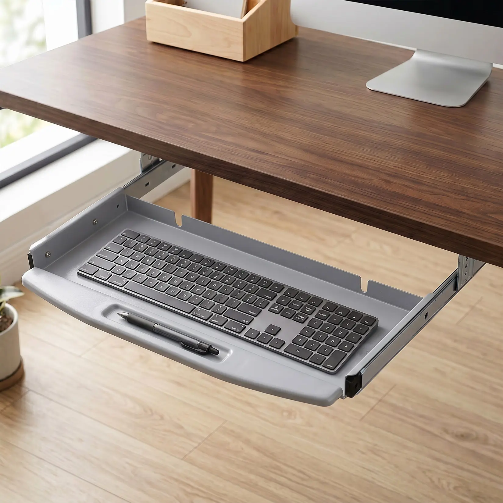 19" Gray Metal Slide-Out Under Desk Keyboard Tray, Slide-Out Holder for Desks Over 22" Wide, Space-Saving Desktop Organizer, No Mouse Platform