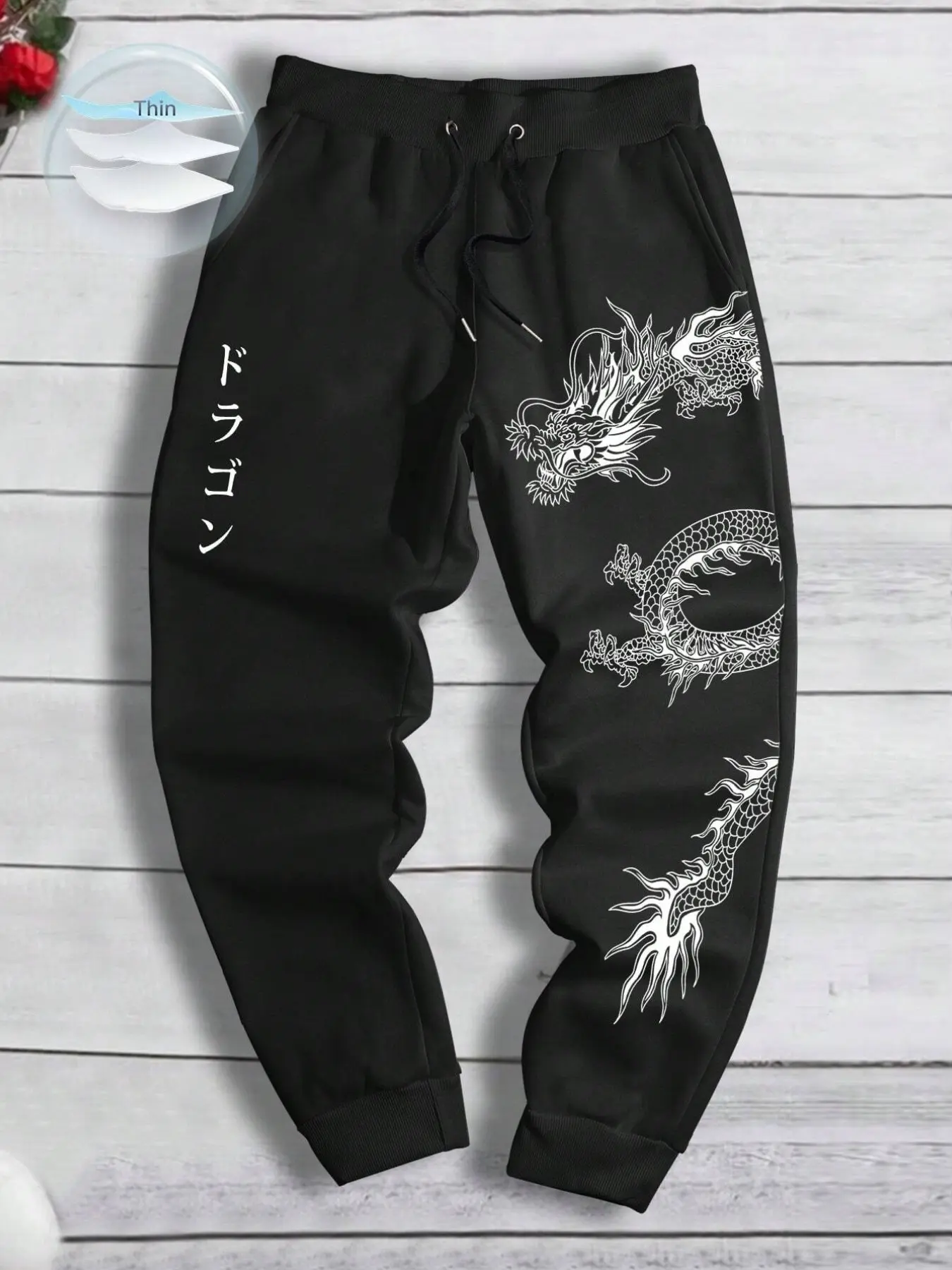 Men’s Lightweight Dragon Graphic Jogger Pants, Japanese Kanji Print, Elastic Drawstring, Rib Cuff, Casual Bottoms, Harajuku Streetwear