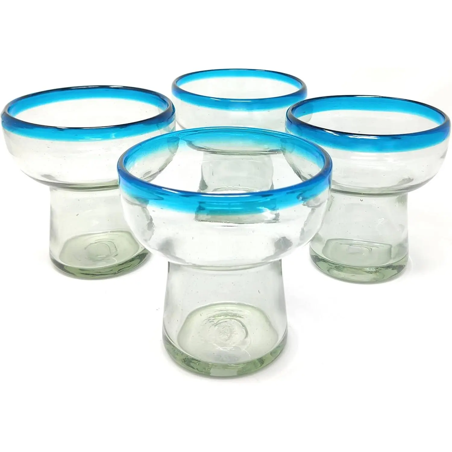 Dos Sueños Mexican Hand Blown Stemless Margarita Glasses, 14oz Aqua Rim, Set of 4