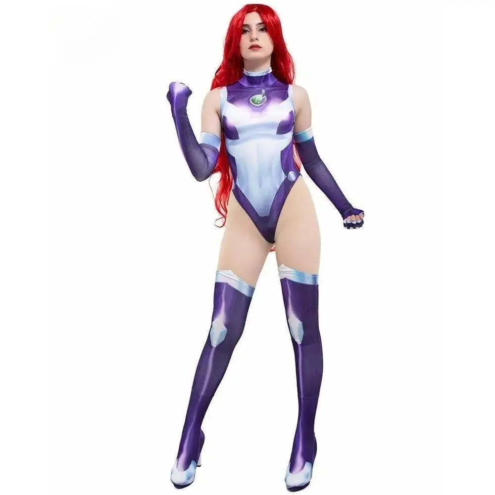Anime Teen Titans Starfire Jumpsuit Cosplay Costume Superhero Bodysuit Koriand'r Cosplay Halloween Costume Props Zentai Catsuit
