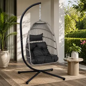 ARCH Outdoor Egg Hanging Chair with Stand, Patio Wicker Swing Chair, Indoor Swinging Egg Chair, PE Rattan Iron Frame, Waterproof Fabric Cushion, 350 lbs Capacity, Black Gray, for Garden Living Room Porch, Black+ Gray Color Options
