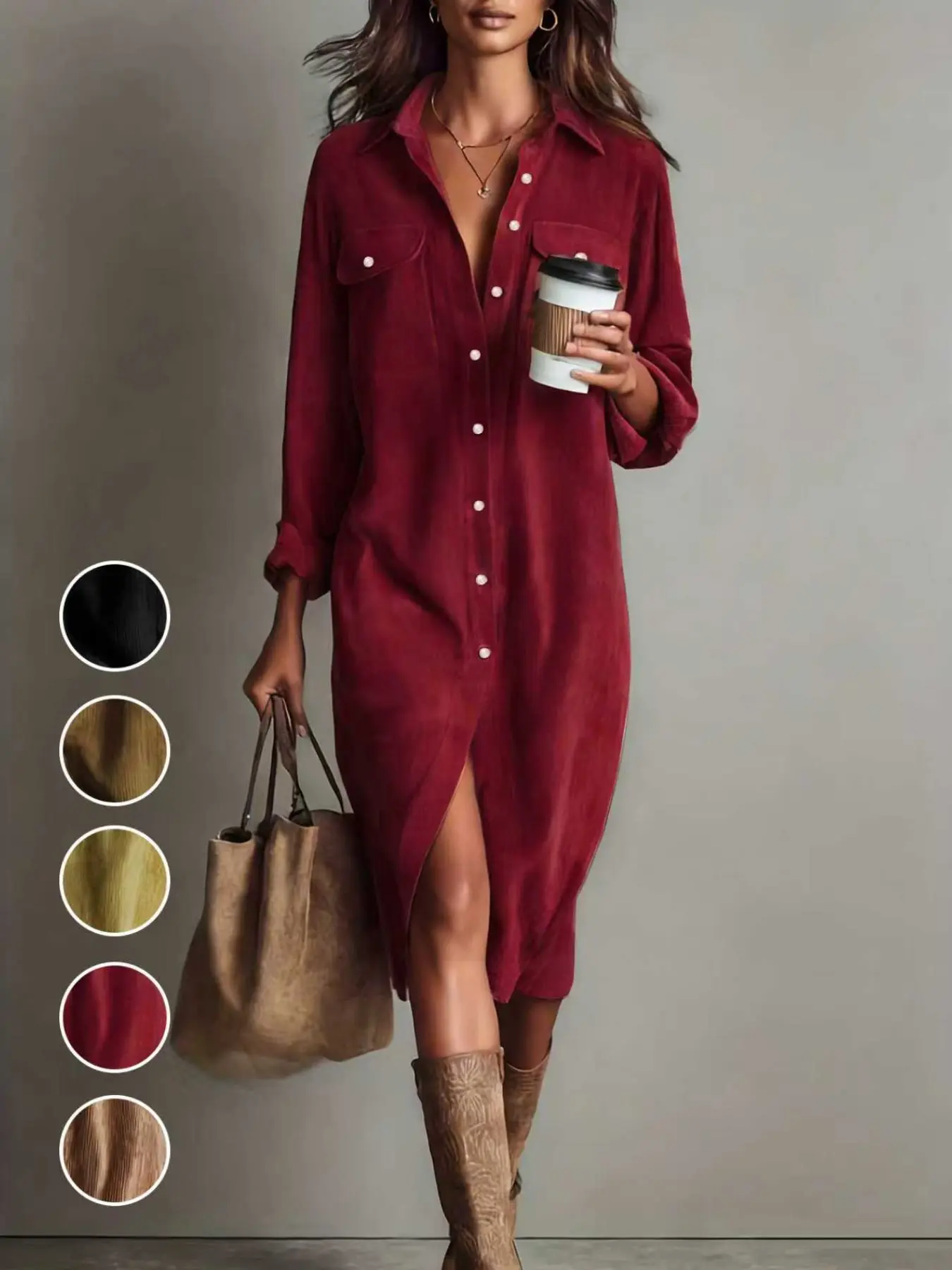 Women's Fashion New Arrival Casual Loose Chenille Dress, Twin Pockets, Single Row Button, Long Sleeve, Knee Length, Fall & Winter