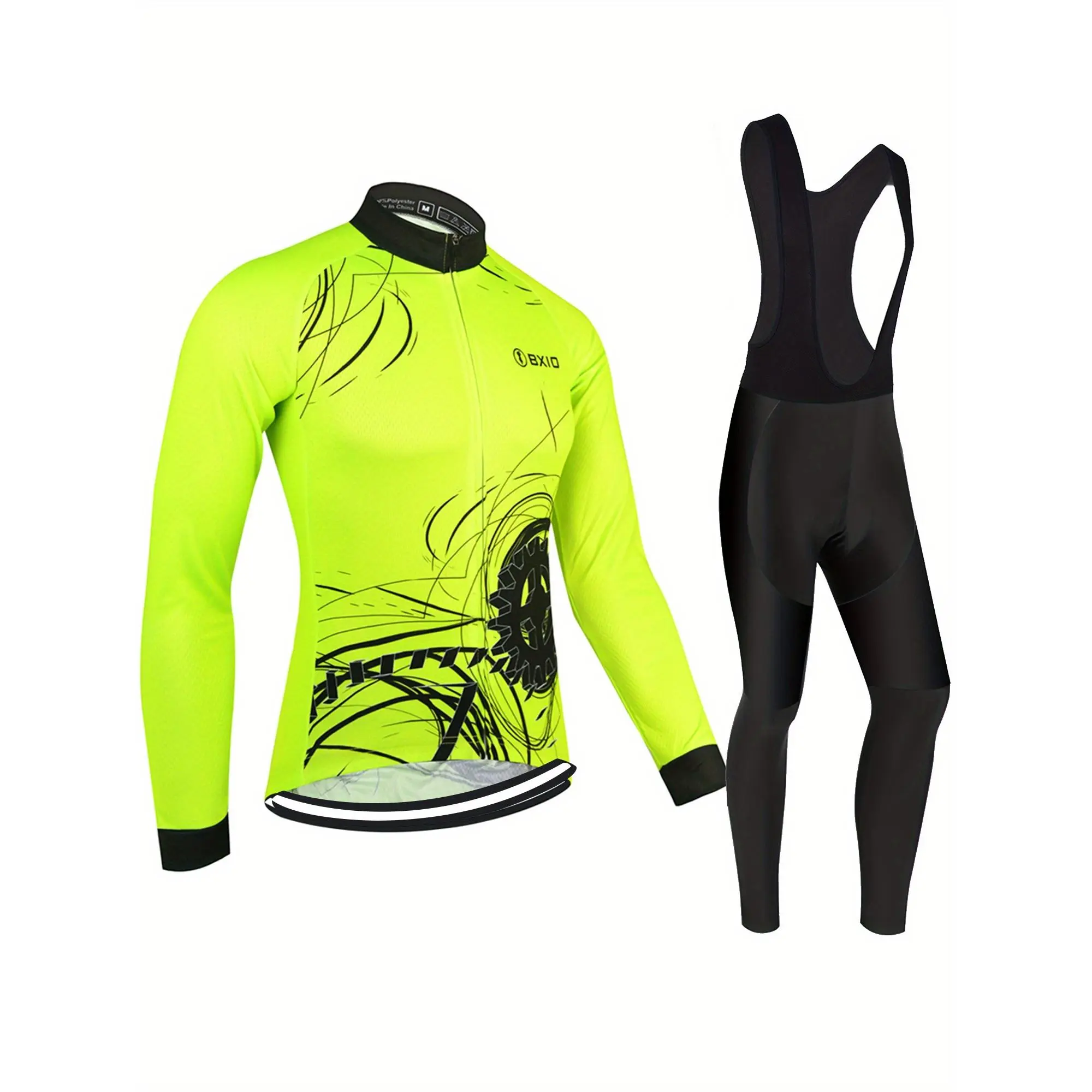 Outdoor spring-autumn style long-sleeved cycling clothing set for men, featuring road bike and mountain bike models, made of quick-drying fabric, with cycling belts and long pants, complete cycling equipment.