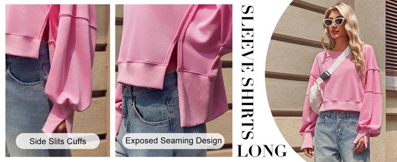 Womens Casual Sweatshirt Long Sleeve Tops Crewneck Loose Fit Tee Pullover Crop Tshirt Side Slit Fall Fashion 2025