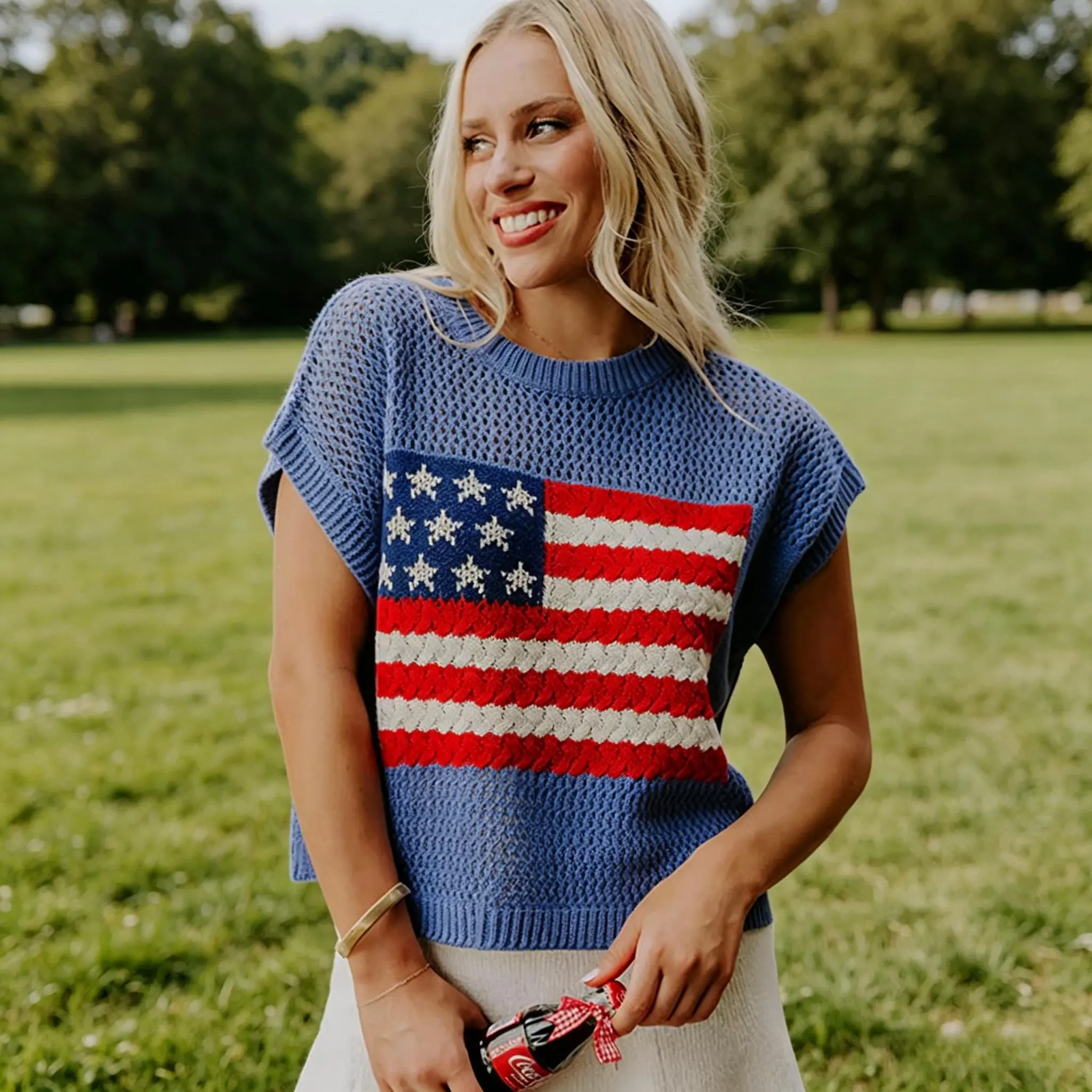 American Flag Graphic Loose Short Sleeve Knit Top, Breathable Hollow Knit Fabric, Women Casual Streetwear Suitable For Independence Day Festivals, Holiday Gatherings And Daily Outfits