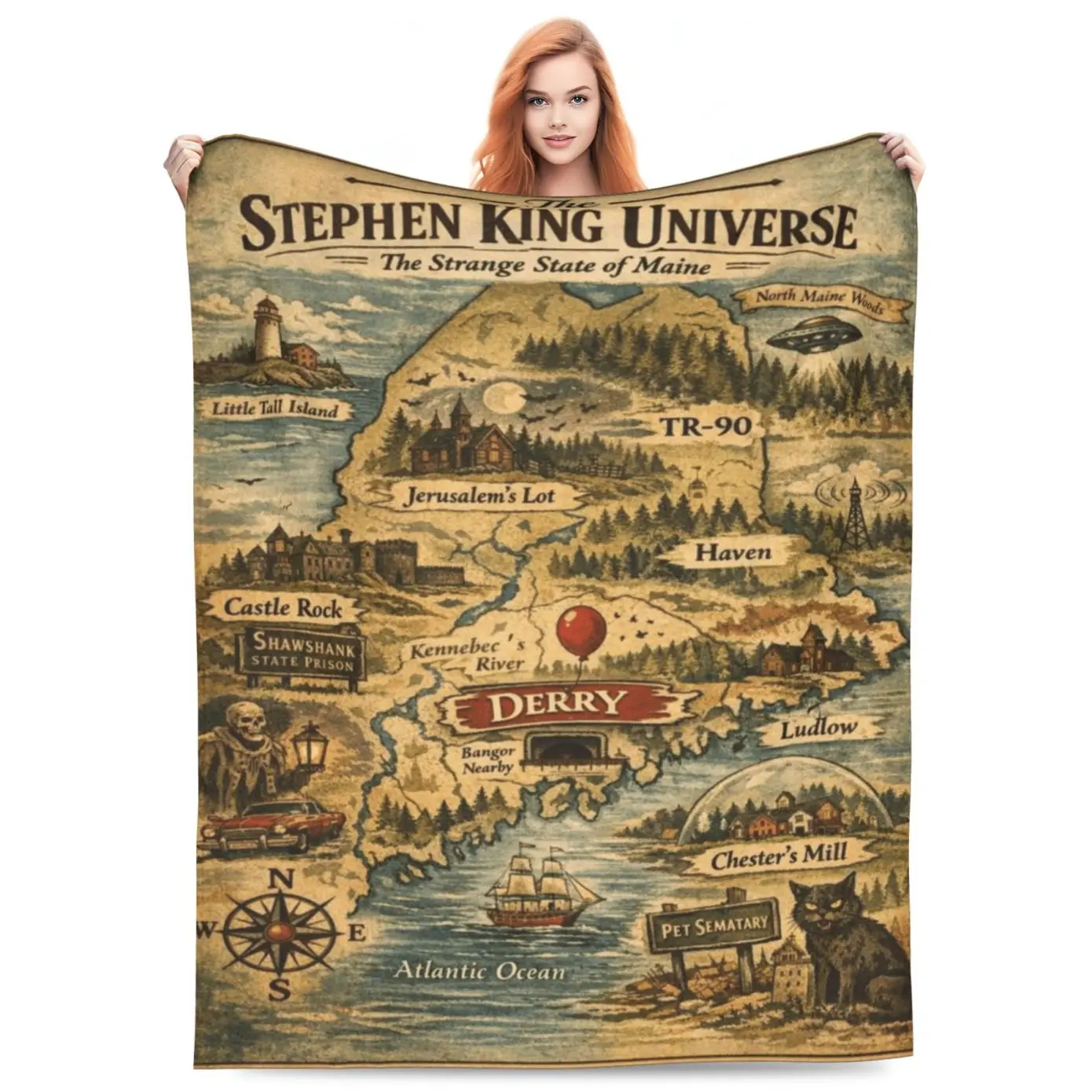 Vintage Stephen King Universe Maine Horror Map Graphic Flannel Throw Blanket Soft Lightweight Cozy All Season Blanket For Sofa Bed Office Travel Horror Movie Fan Halloween Birthday Holiday Home Decor Gift Blanket