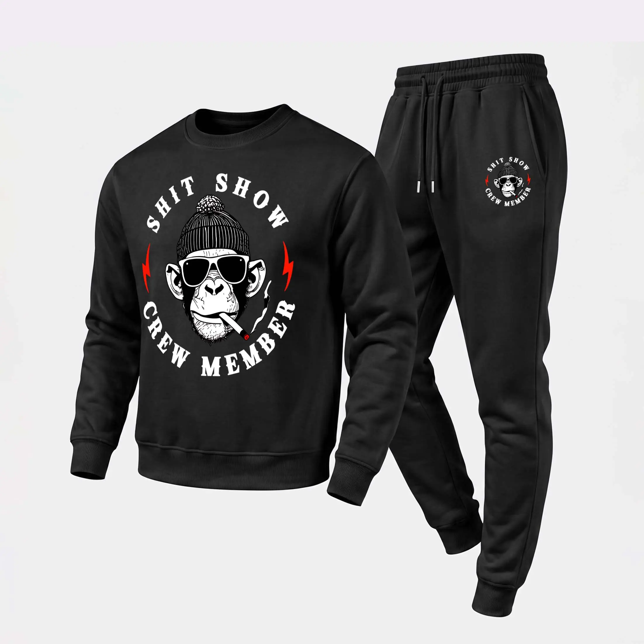Men's “Shit Show Crew Member ” Graphic Crewneck Sweatshirt and Jogger Pants Set, Casual Long Sleeve Pullover with Drawstring Sweatpants, Fall Winter Tracksuit for Daily Wear, Travel, Lounge, Workout and Indoor Outdoor Activities