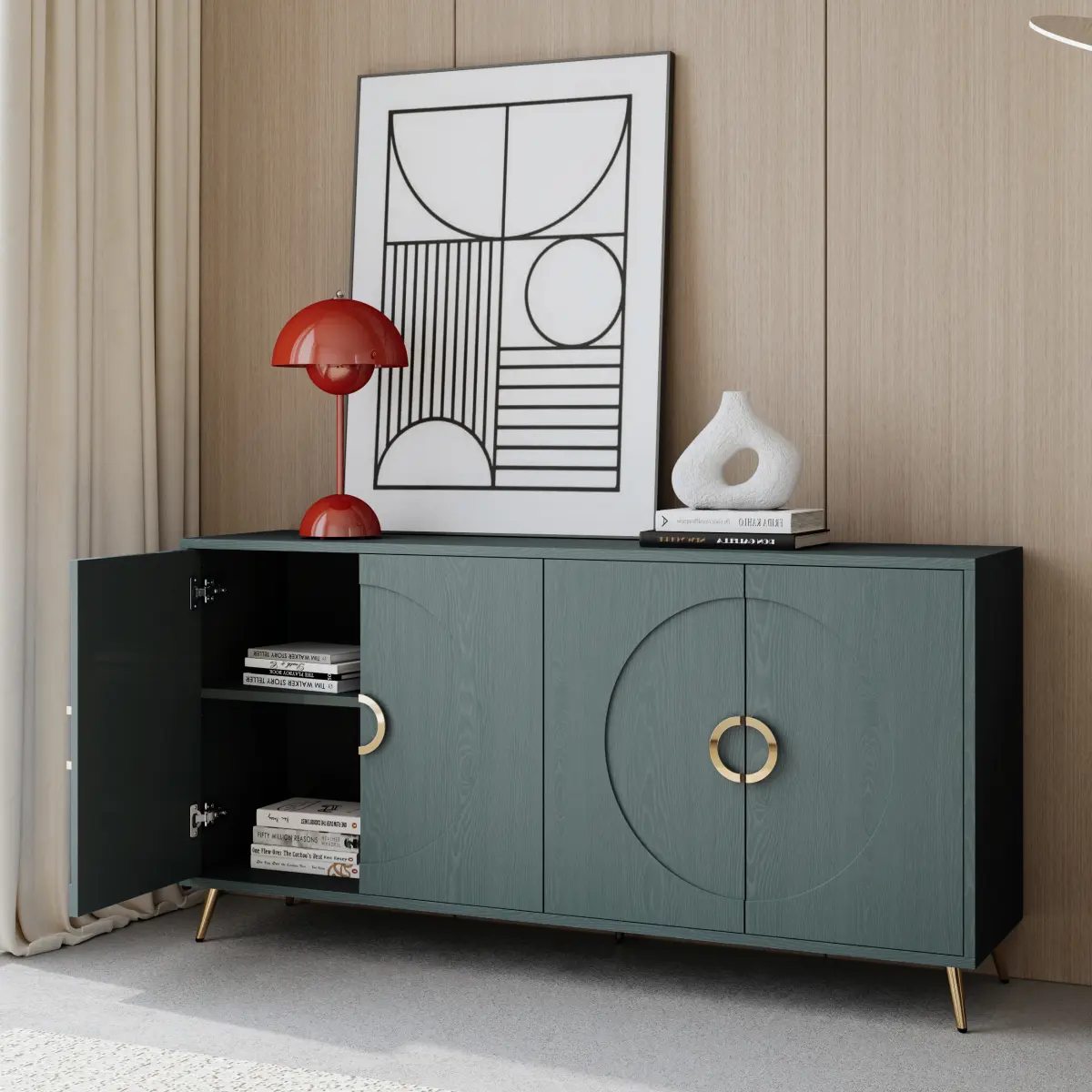 60" Italian Luxury Dark Green Wood Grain Sideboard Cabinet - 4-Door Round Embossed Buffet Storage Credenza, Modern Dining Room/Entryway Console Cupboard with Gold Metal Handles