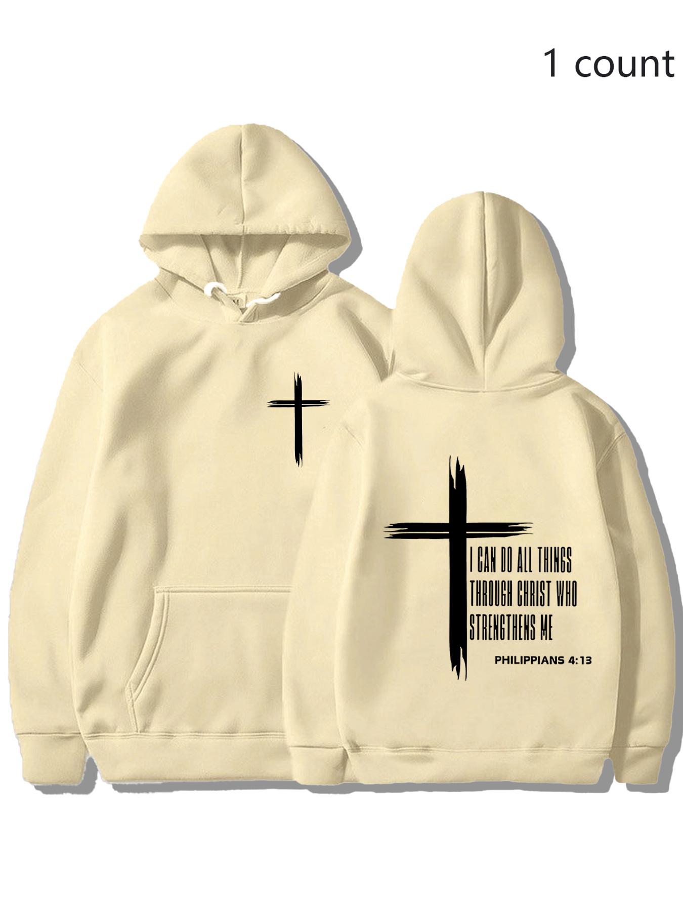 Christian Cross Hoodie, Philippians 4:13 Bible Verse Sweatshirt, Unisex Design Faith Inspiring Fitted Pullover Jacket, Casual Fall & Winter Wear