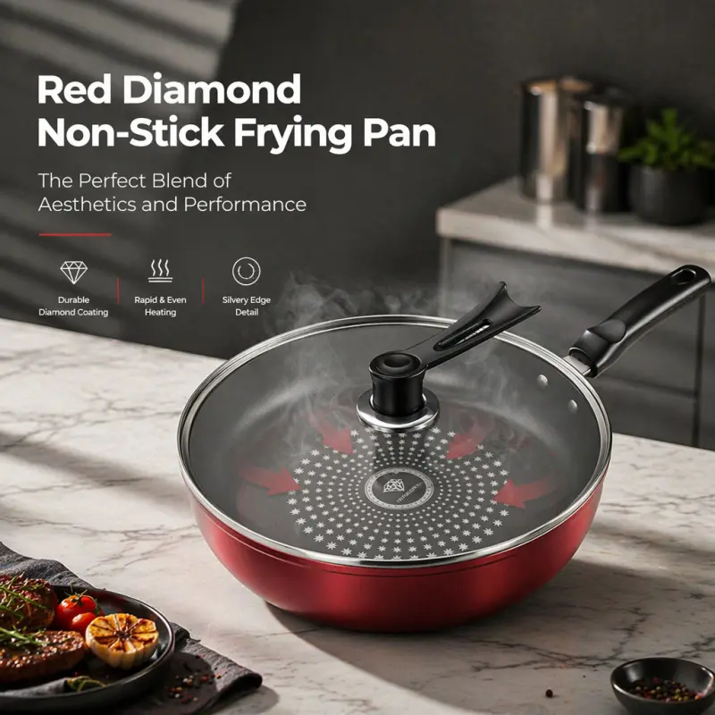 24cm Non-Stick Frying Pan with Glass Lid, durable scratch-resistant coating, allows low-oil cooking and easy cleaning. Compatible with all stoves for a better cooking experience.