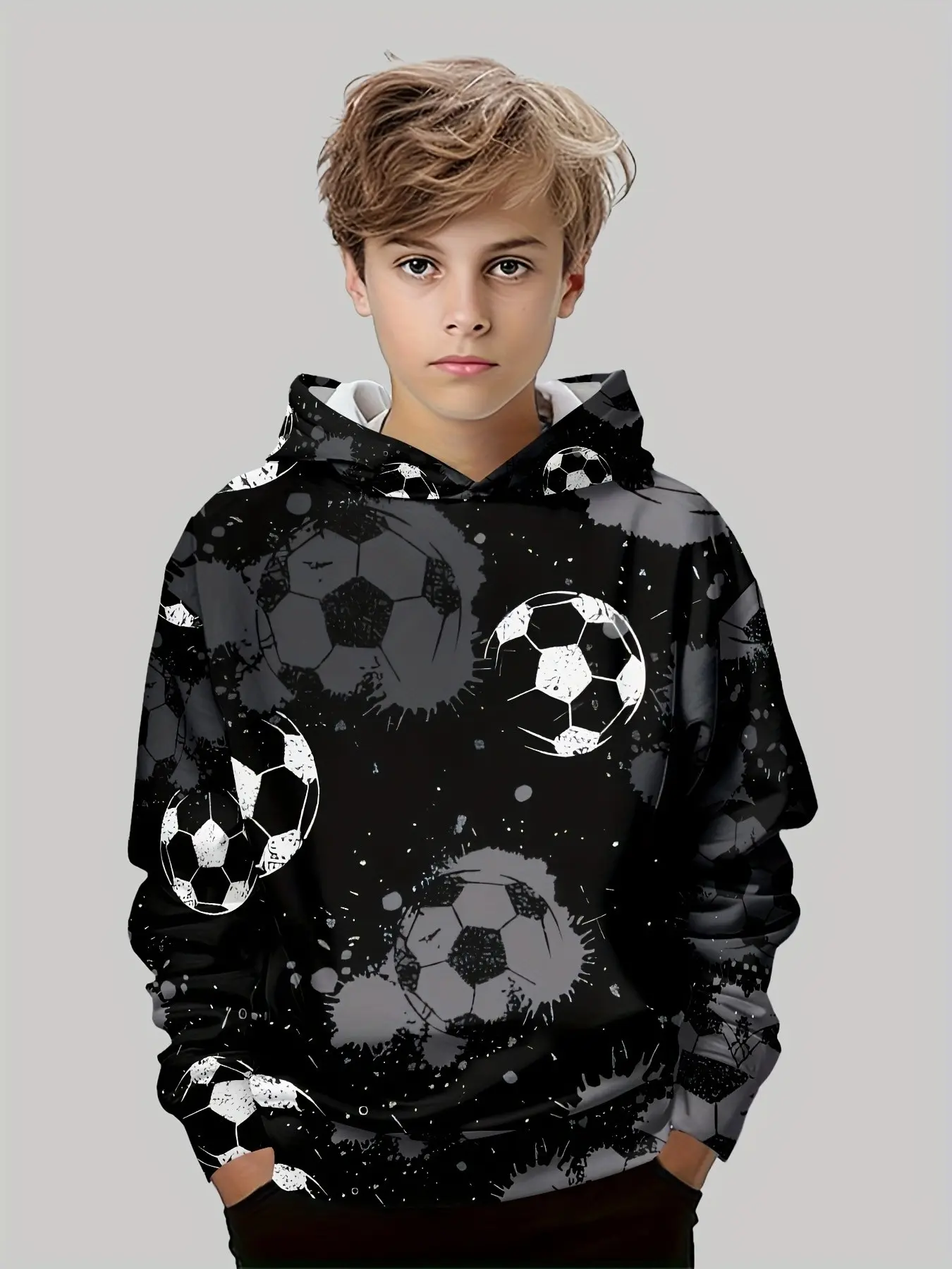 Boy's 3D Printed Casual Football Sweatshirt for Fall and Winter, Long Sleeve Sport Hoodie with Cartoon Pattern, Outdoor Boys' Hoodie Top
