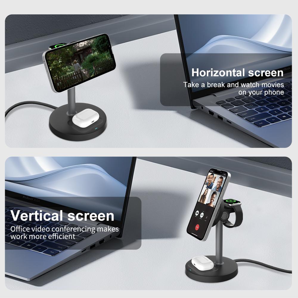 3 in 1 Wireless Charging Stand, 15W Fast Wireless Charger, Multifunctional Charging Station for iPhone 12-16 Series, Samsung S24 S23, Apple Watch & AirPods