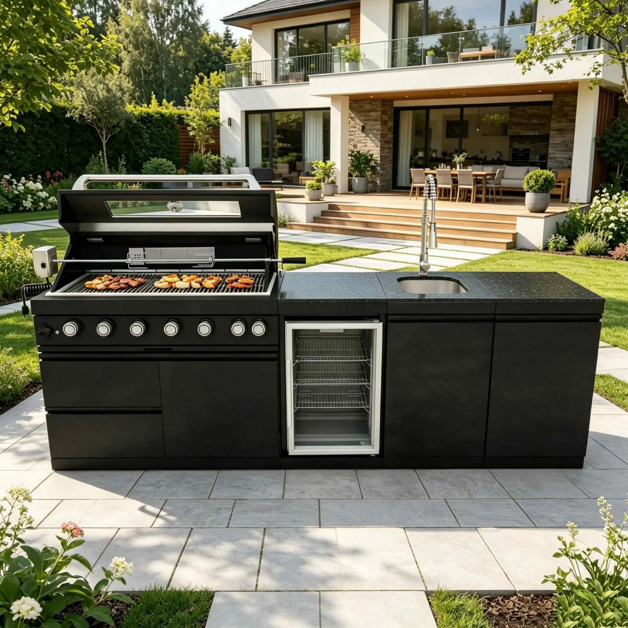 ARCH 101-Inch 4-Burner 85000 BTU Stainless Steel Gas Outdoor Kitchen Island Grill with Rotisserie Kit, Compact Refrigerator, Granite Countertops, Sink, and Storage for Patio Backyard BBQ Cooking, Black Color Options, Stainless Steel Material