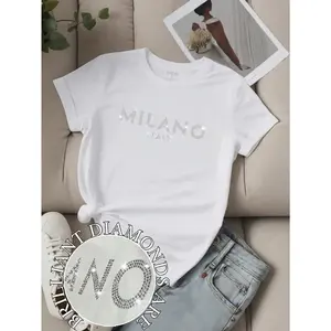 Unity Women's Slim Knitted Fabric Short-Sleeve T-Shirt - Milano Italy Slogan Letter Printed, Casual Fit Graphic Top