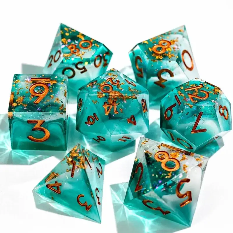 Dreamy Gold Foil Handmade Sharp Edge Dice Set, 7 Pieces Role-Playing Board Game Dice, Desktop Game Accessories