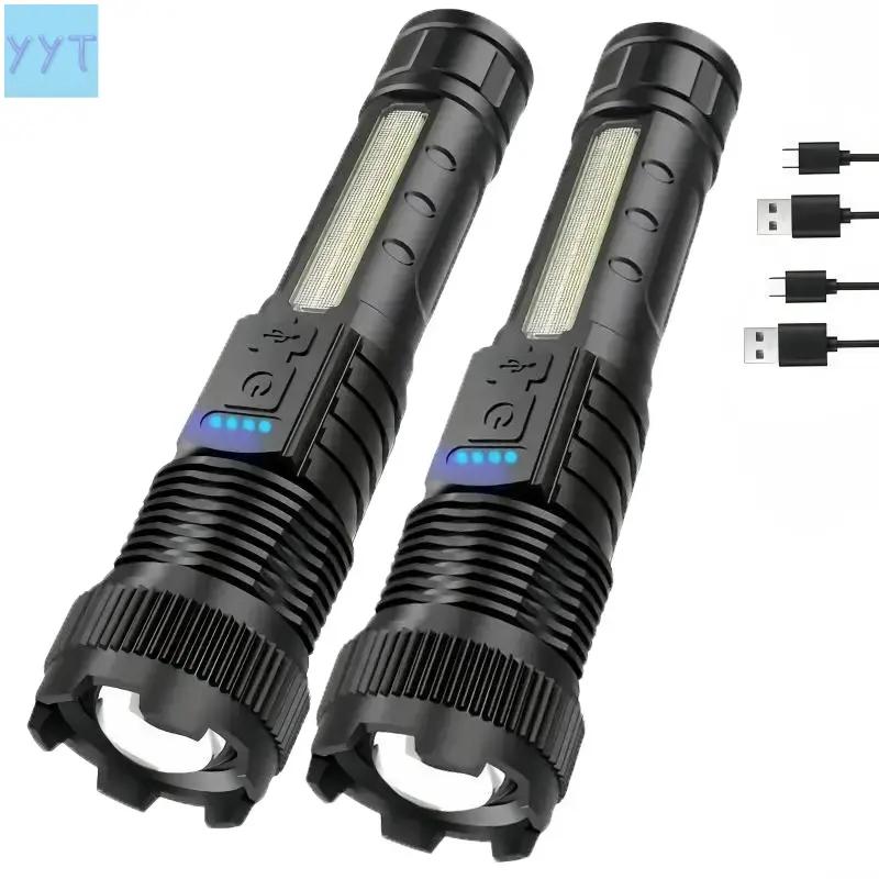 YYT1 Compact USB-C Rechargeable LED Flashlight - 200m Bright Zoomable, 6 Light Modes (Red, Blue, White), Emergency Strobe for Camping, Hiking