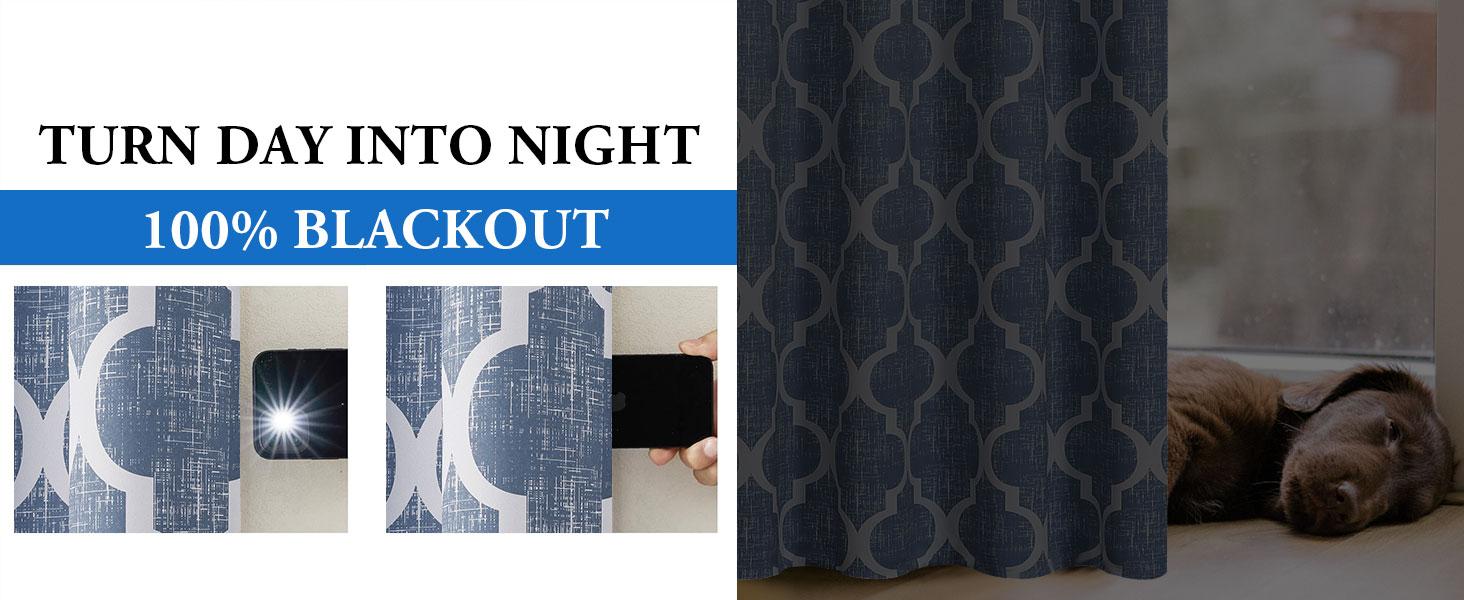 100% Blackout Curtains 96 Inches Long 2 Panels for Bedroom Living Room Blue Moroccan Geo Room Darkening Thermal Soundproof Rod Back Tab Window Treatments Drapes, 50x96