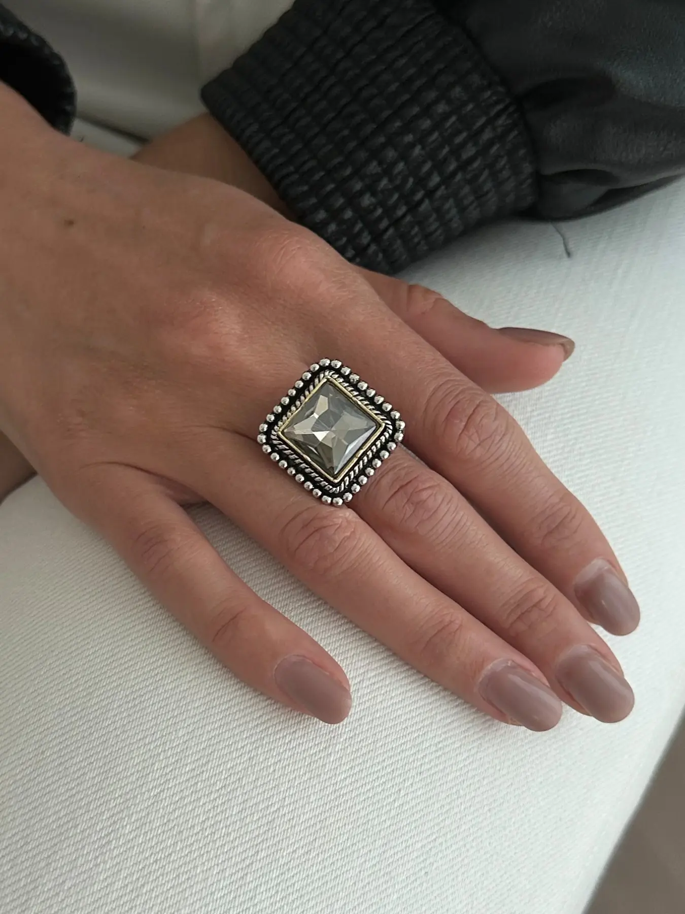 Vintage Antique Square Diamond Open Ring, Beaded Diamond Band, Cool Style, Gift for Girlfriend Best Friend, Statement Ring