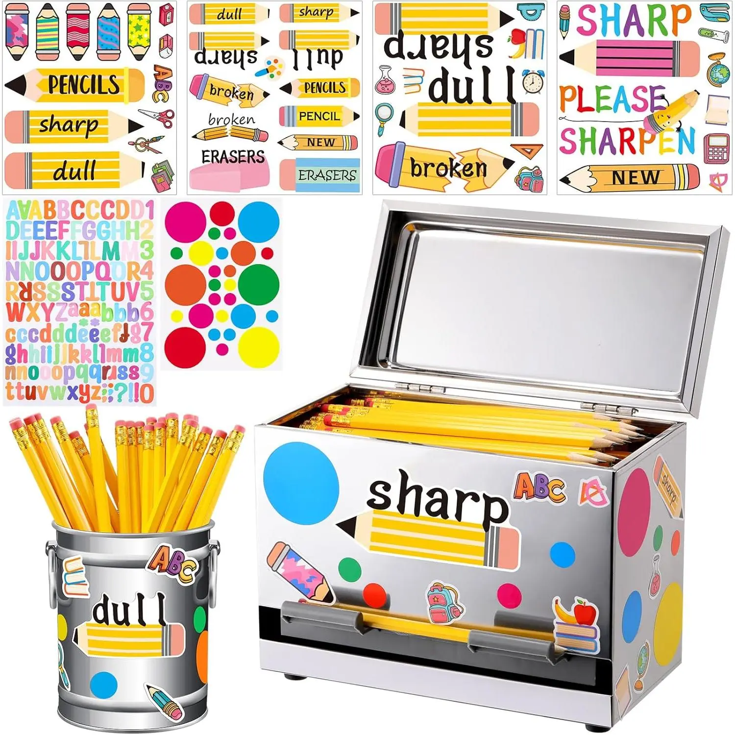 8 count Pencil Dispenser Kit for Classroom Stainless Steel Straw Dispenser for Pencil Metal Pen Holder Organizer Letter Sticker for Desk  to School Classroom Teacher Supplies()