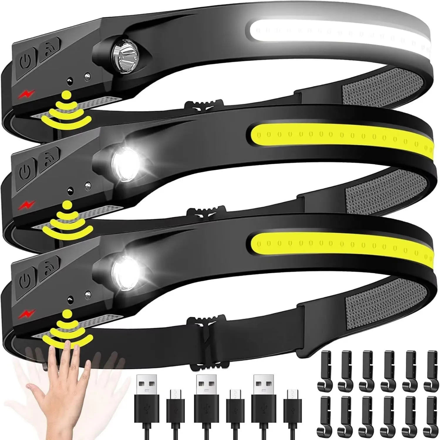 3PCS Rechargeable Headlamp, 230° Wide Beam LED Head Lamp with Motion Sensor for Adults - Waterproof Head Light Flashlight, Camping Accessories Gear for Hiking, Running, Repairing, Fishing, Cycling