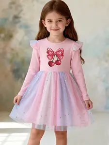 Girls' Long Sleeve Dress, Fashion Princess Dress, Star Moon Gradient Mesh, Sweet Bow Cherry Print, Ideal Gift for girls, Perfect for spring, autumn, and winter, back-to-school, Christmas, birthday parties, vacations, daily wear