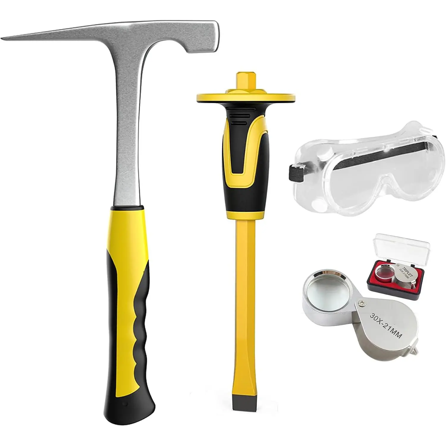 4pcs Geology Rock Pick Kit, Geology, 32oz Rock & Chisels with jewelers loupe,goggles.Tool Set for Rock Hounding, Hounding,Gold Mining & Prospecting, Stone