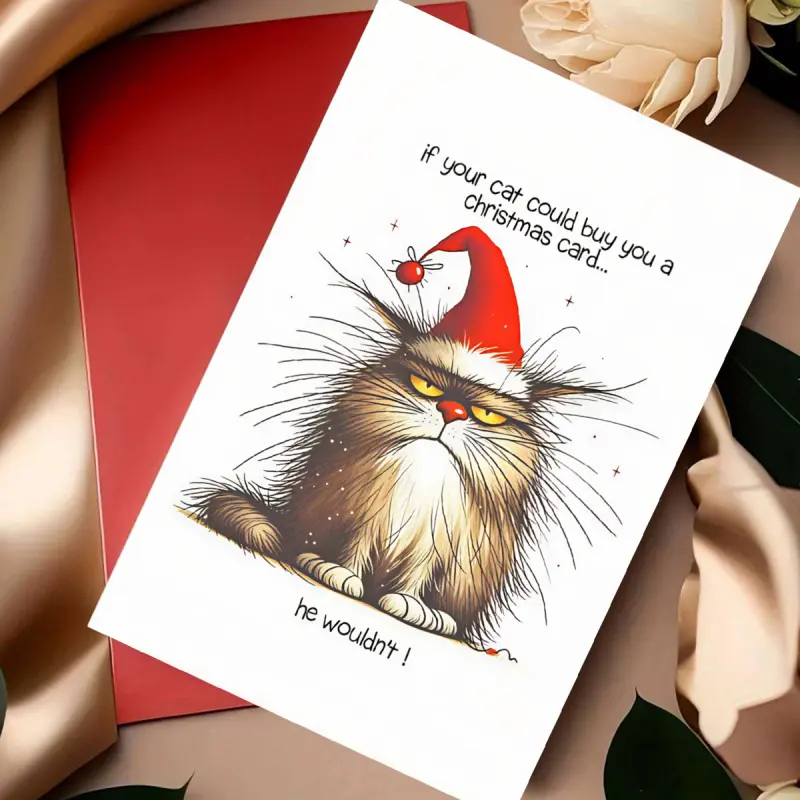 1 funny and grumpy cat Christmas card with Santa hat illustration, humorous holiday card with blank interior pages, suitable as a gift for cat lovers and relatives during the holiday season