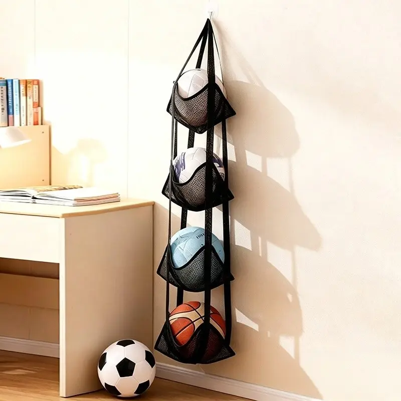 Foldable Four-Layer Sports Storage Basket, Wall-Mounted Soccer Rack, Doll Organizer, Basketball Holder, Multi-Functional Shelf