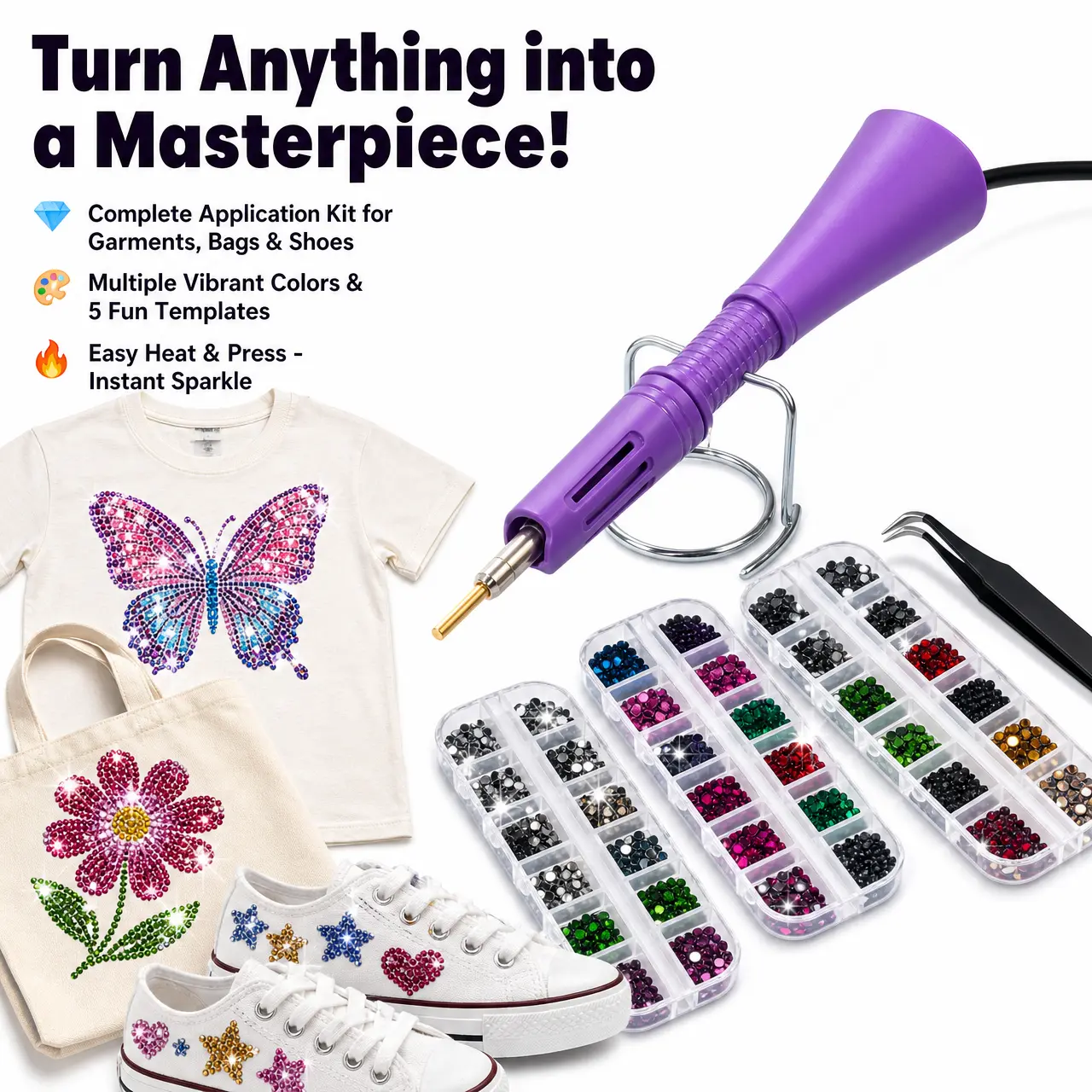 Hotfix Rhinestone Applicator Kit - Complete Bedazzler Tool with Pencils, Tweezers, 5-Compartment Rhinestone Boxes, Tips for DIY Clothing Projects