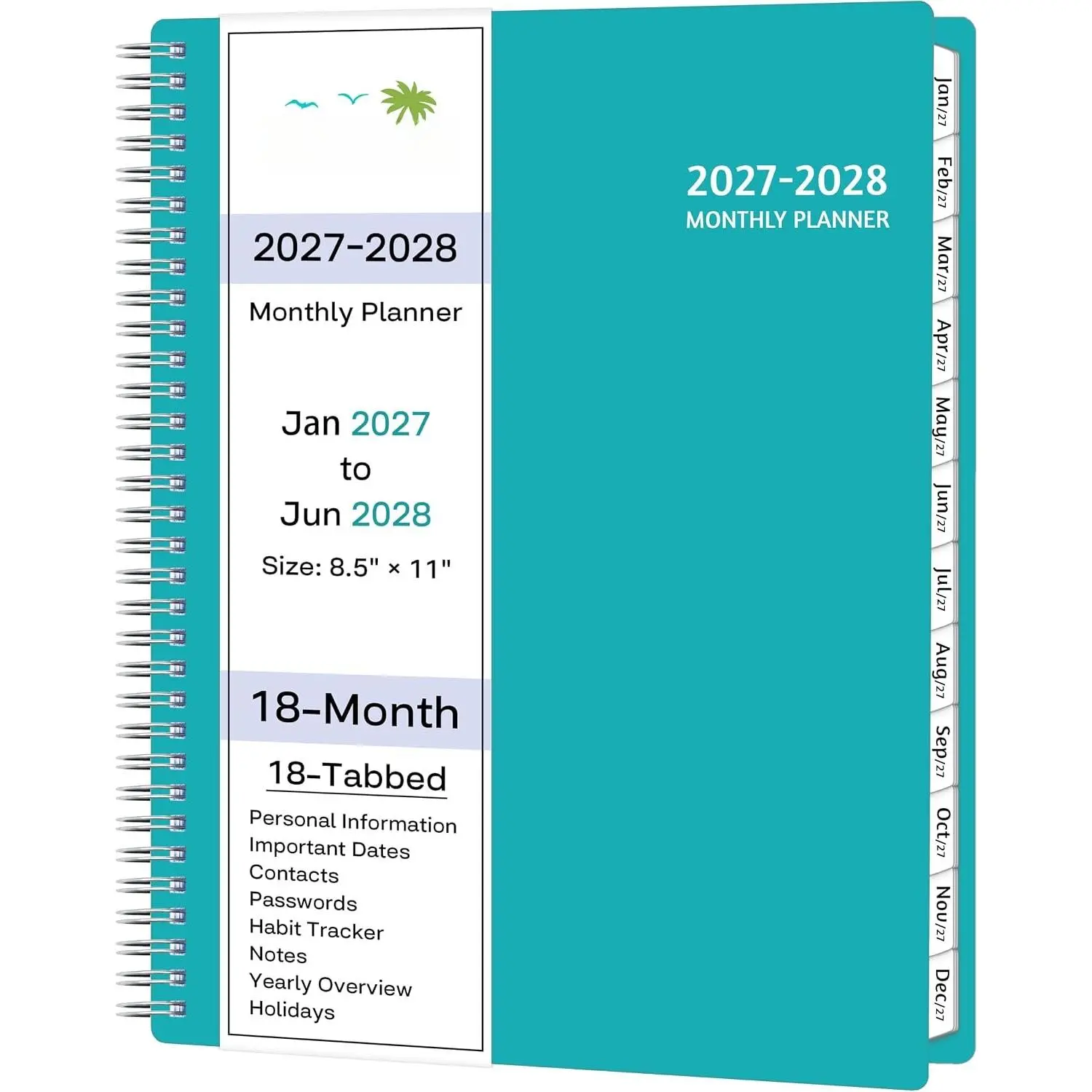 2027-2028 Monthly Planner, 18 Months Calendar Planner 2027-2028 from Jan 2027 – Jun 2028, 8.5'' x 11'' with Ruled Spread, Flexible Cover, Spiral Wirebound, Pocket, Coated Tabs, Notes & Habit