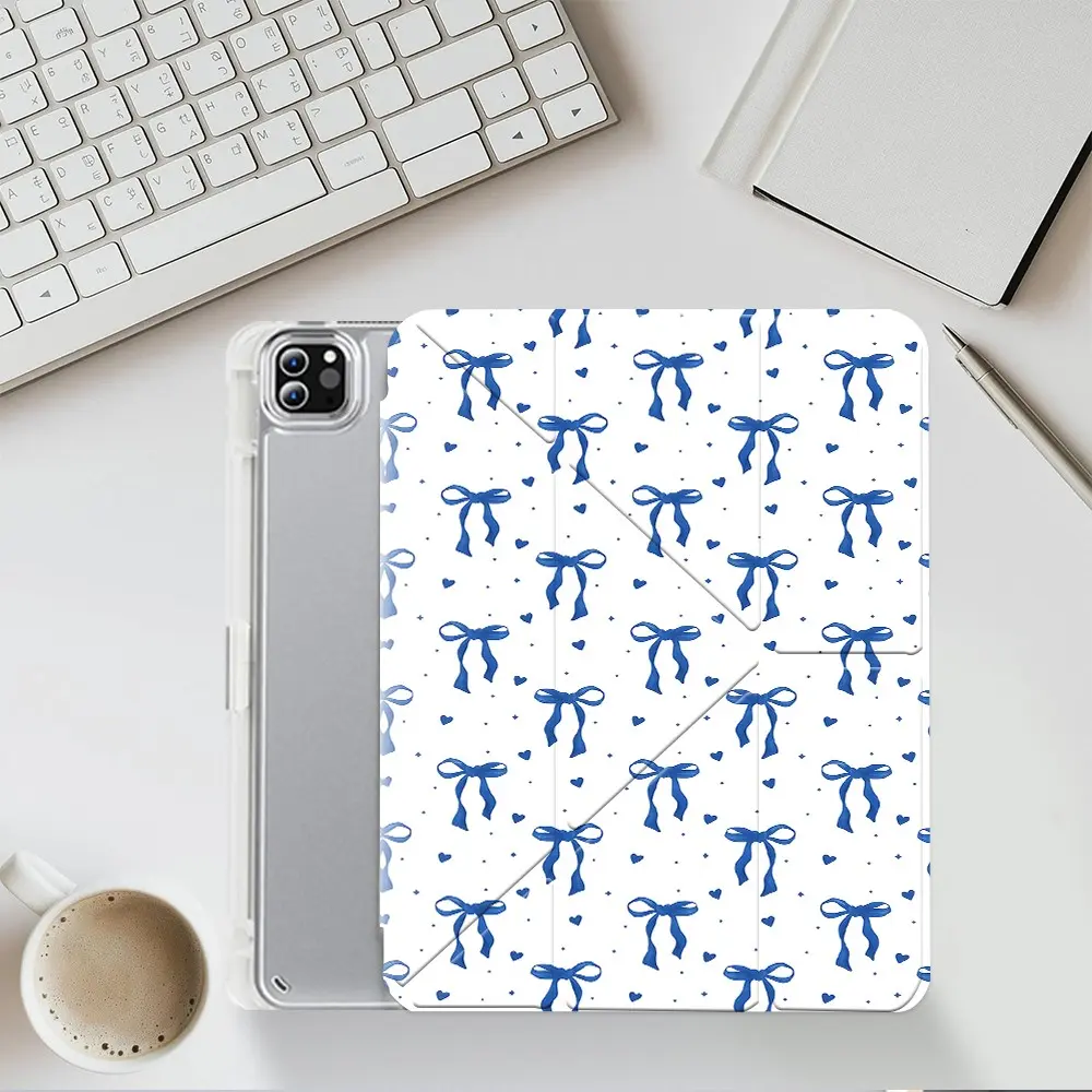 Chic Blue Bow Pattern iPad Case, Y-Fold Stand with Pencil Holder & Charging Cutout, Shockproof & Scratch-Resistant, Multi-Angle View for Travel & Work, Fits iPad 7.9/8.3/10.2/10.5/10.9/11/12.9 13 inch,Ideal for Office & School