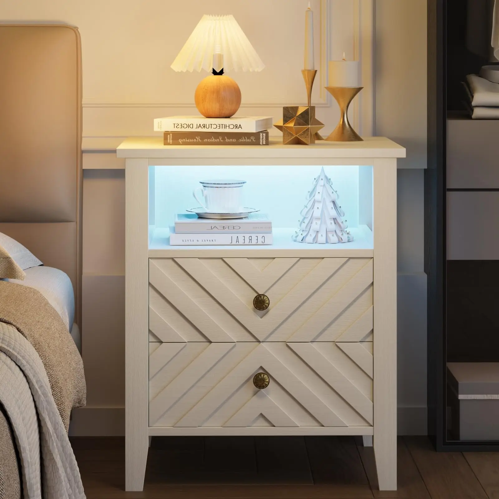 【IdealHouse】Wooden Farmhouse Nightstand with LED Light, 2 Storage Drawers and Stable Wooden Legs, Rustic Bedside Table Featuring V Shaped Design and Open Shelf for Bedroom
