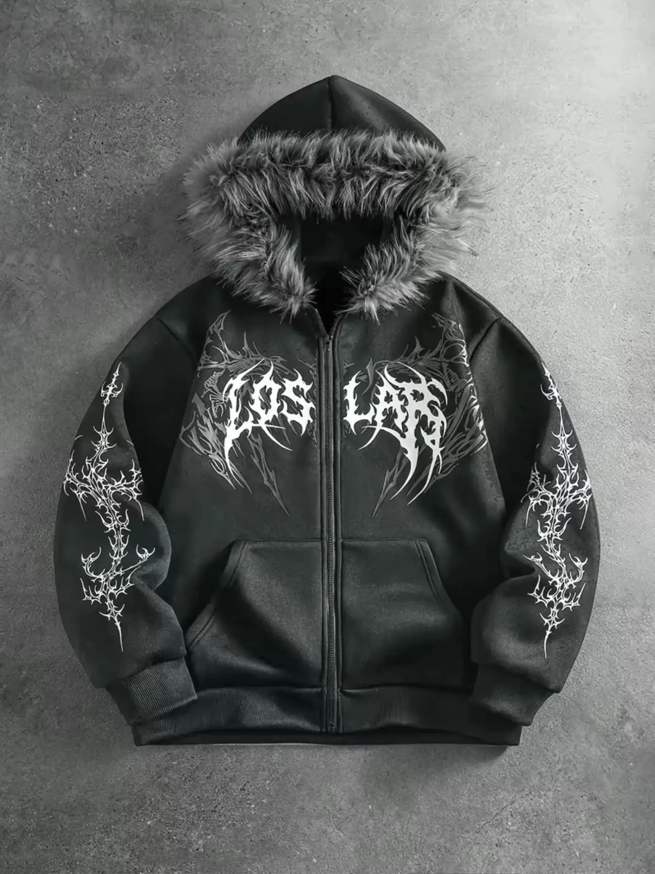 Dark Blue Fur Collar Hooded Sweatshirt, Gothic Thorn Print Zipper Jacket, Street Style Loose-Fit Heavyweight Pullover