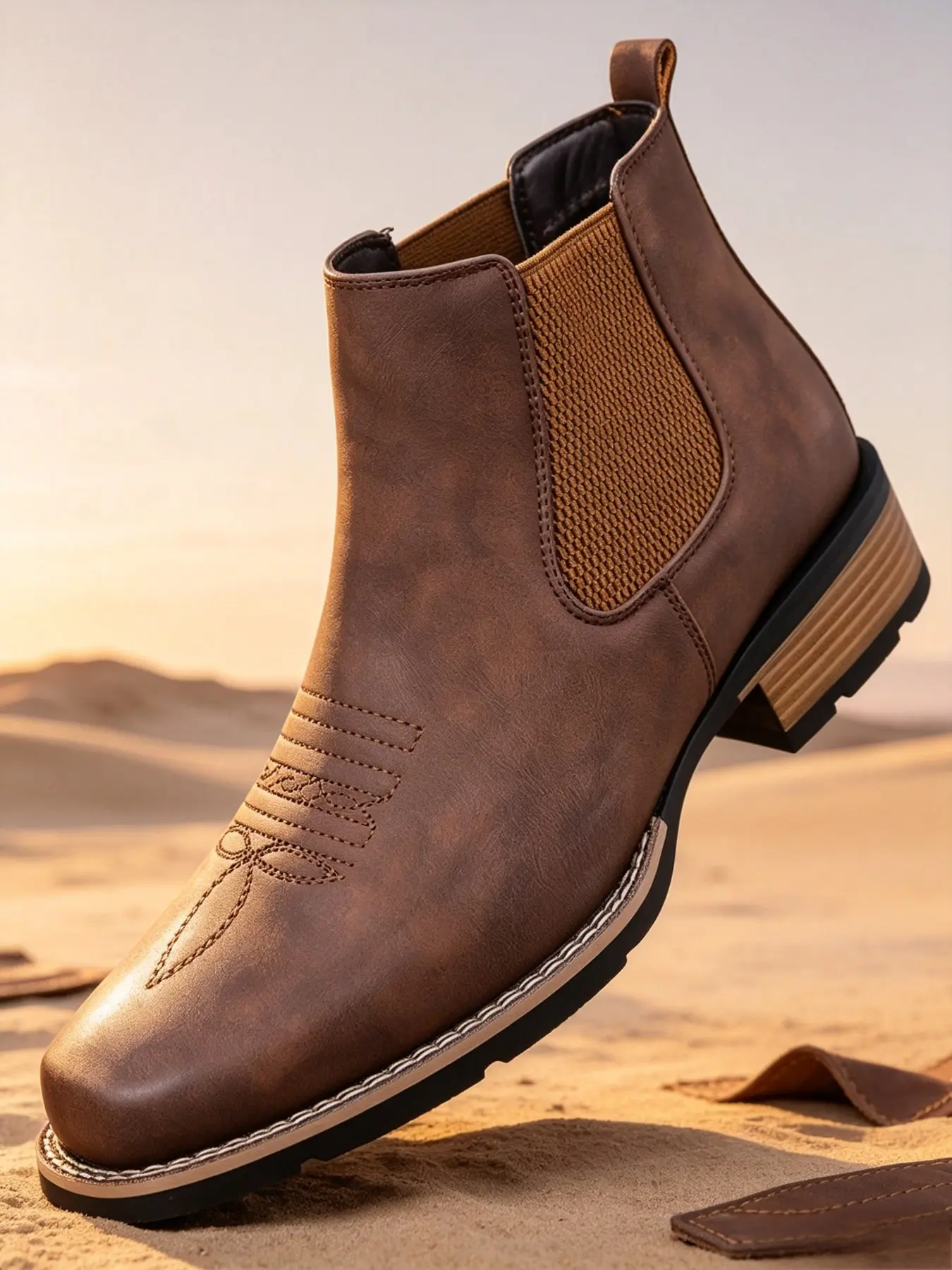 Men's Vintage Embroidered Western Cowboy Chelsea Boots, Square Toe Elastic Cuff Ankle Boot, American Country Trendy Workwear Outdoor Commute